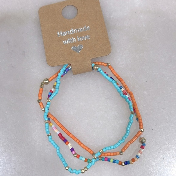 Minimalist Color Therapy Teal and Tangerine 2mm Beaded Stretch Bracelet Set - Picture 1 of 7